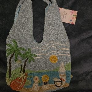 Embroidered Beach Scene Tote Bag